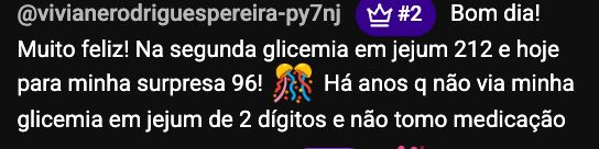 Print de aluna relatando glicemia em jejum de 212 para 96 sem medicação