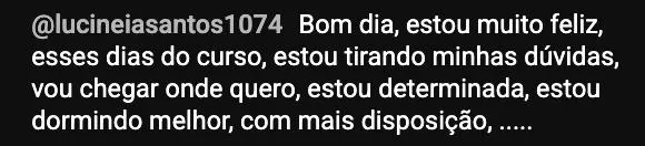 Print de aluna relatando mais disposição e melhor sono durante o curso